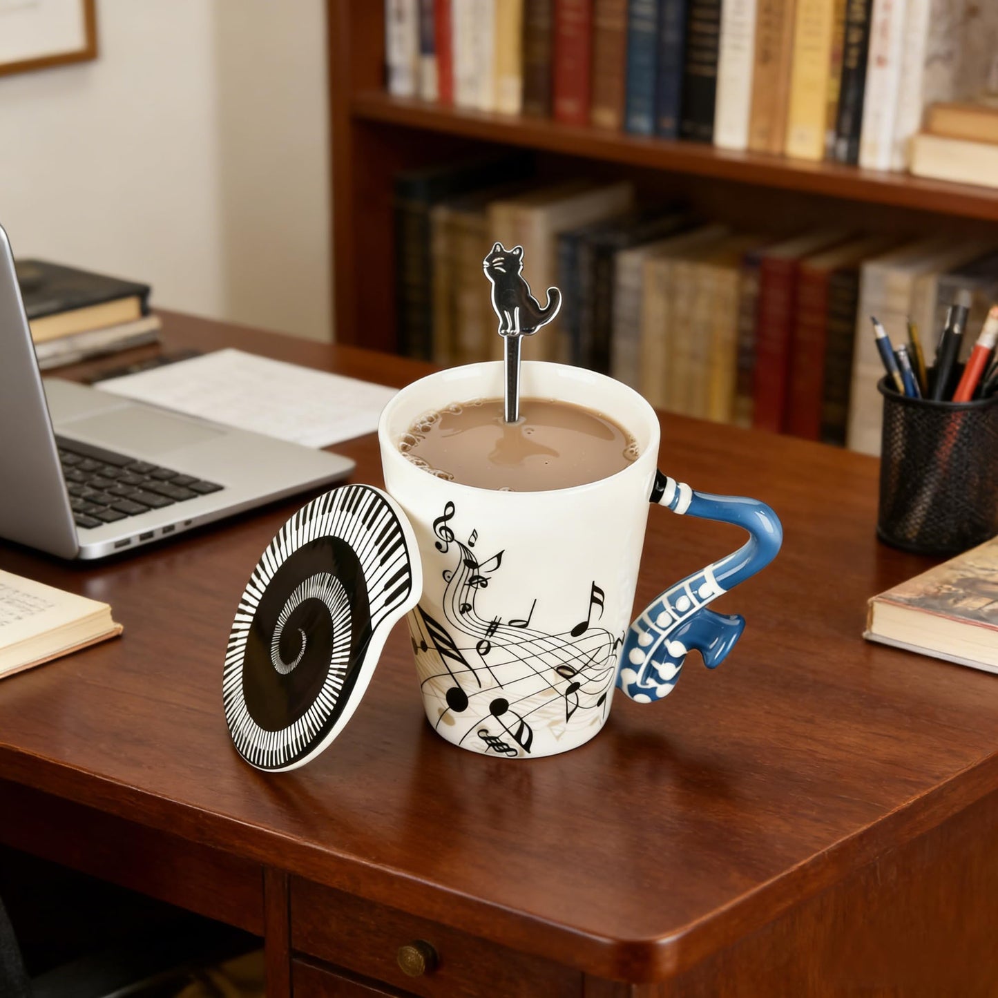 Saxophone Novelty Mug Unique Musical Gift Ceramic Tea Coffee Cup with Cool Music Themed Lid and Spoon,Birthday Holiday Gift for Musician,Women,Men,Teacher