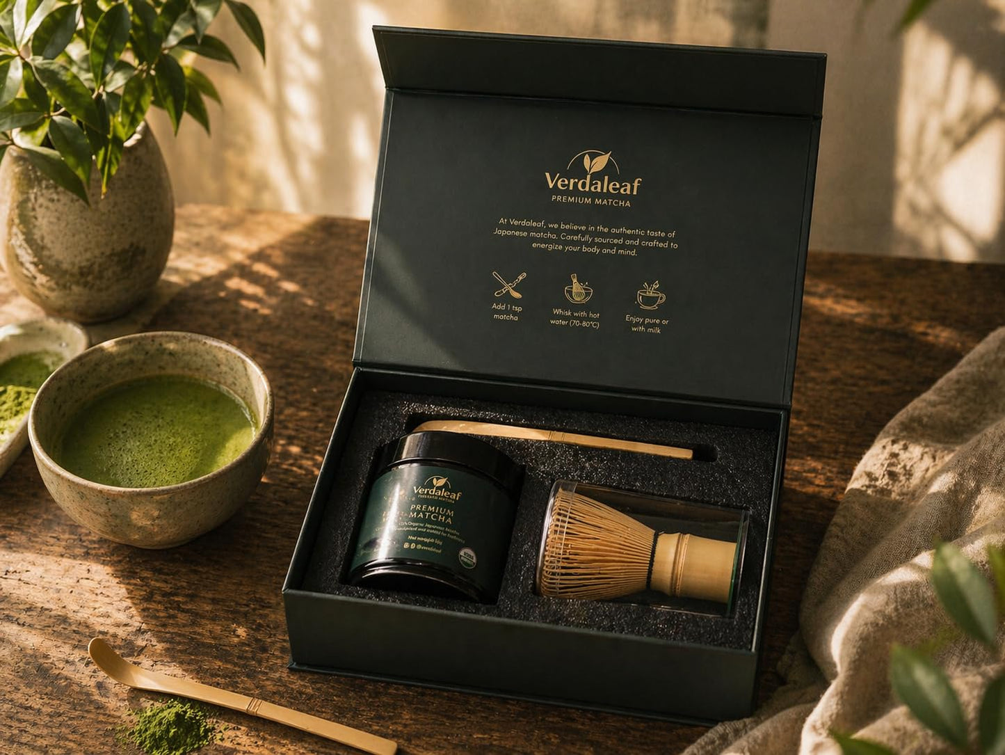 Verdaleaf USDA Organic Matcha Gift Box – 50g Ceremonial Grade Japanese Matcha with Bamboo Whisk & Scoop – Premium Matcha Starter Kit