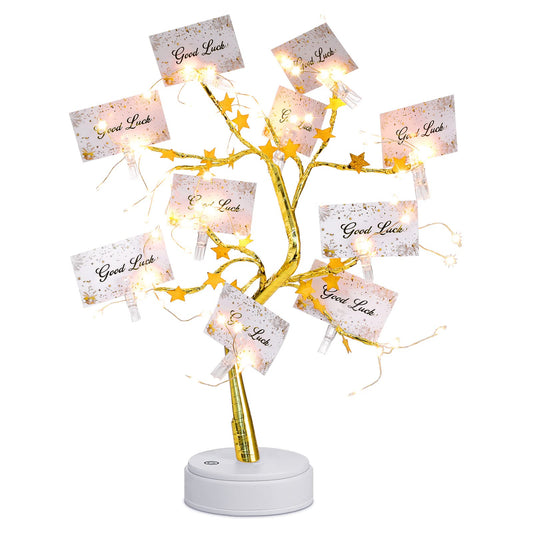 Coume Money Tree Gift Card Holder 1.5 ft Tabletop Display Tree with 72 LED Lights 15 Clear Clips Gold Display Birch Twig for Money Wedding Card Photo Birthday