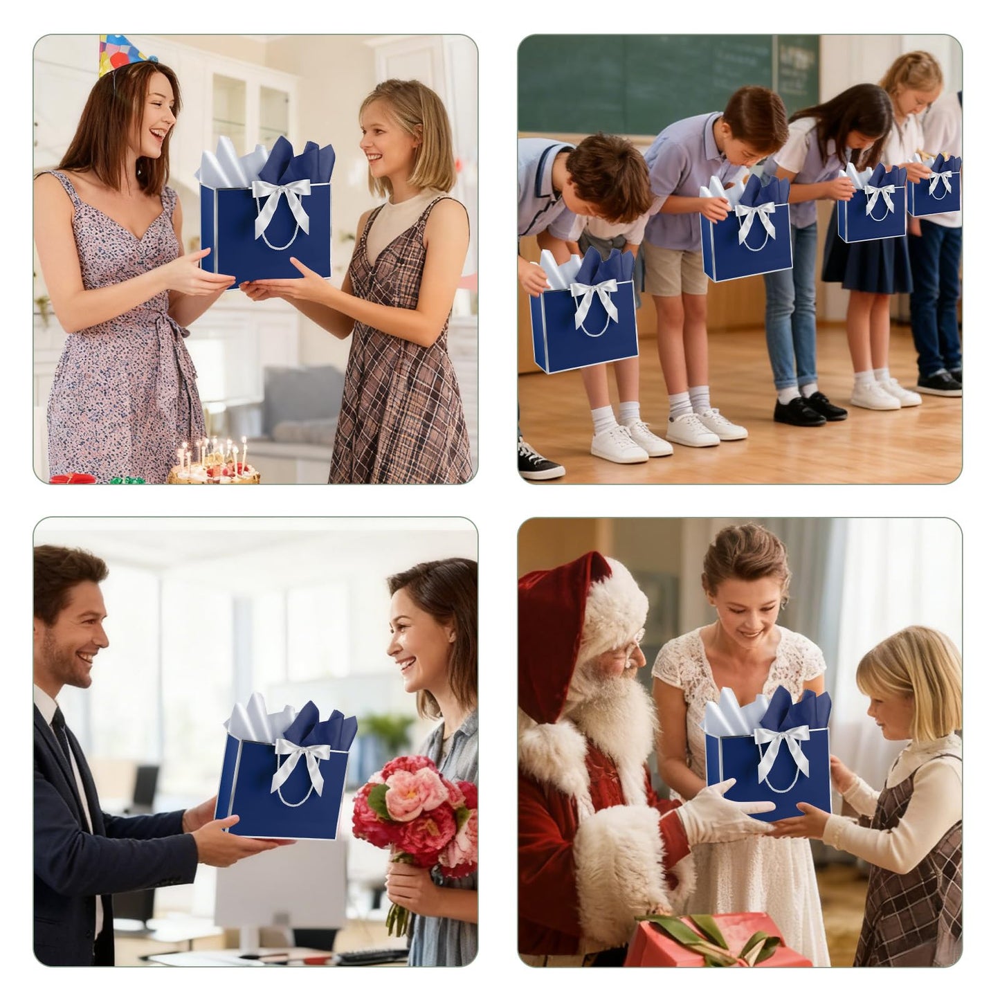 Addblu 12 Pack Large Navy Blue Gift Bags with Handles, 12.6x10x4'' Includes 36 Tissue Papers, Bow Ribbon & Cards for Wedding, Birthday, Bridesmaid, Groomsmen, Valentine's Day, Easter (Blue and Silver, 12pcs)