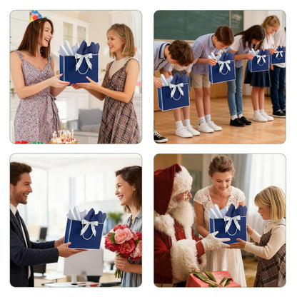 Addblu 12 Pack Large Navy Blue Gift Bags with Handles, 12.6x10x4'' Includes 36 Tissue Papers, Bow Ribbon & Cards for Wedding, Birthday, Bridesmaid, Groomsmen, Valentine's Day, Easter (Blue and Silver, 12pcs)