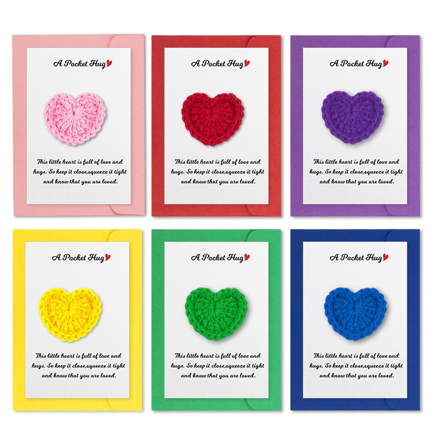 Little Pocket Heart Hug Cards 6 Pack Keepsake Long Social Distancing Thinking of You Encouragement Sentimental Inspirational Positivity Handmade Crochet Love for Vacation Festival All Occasion