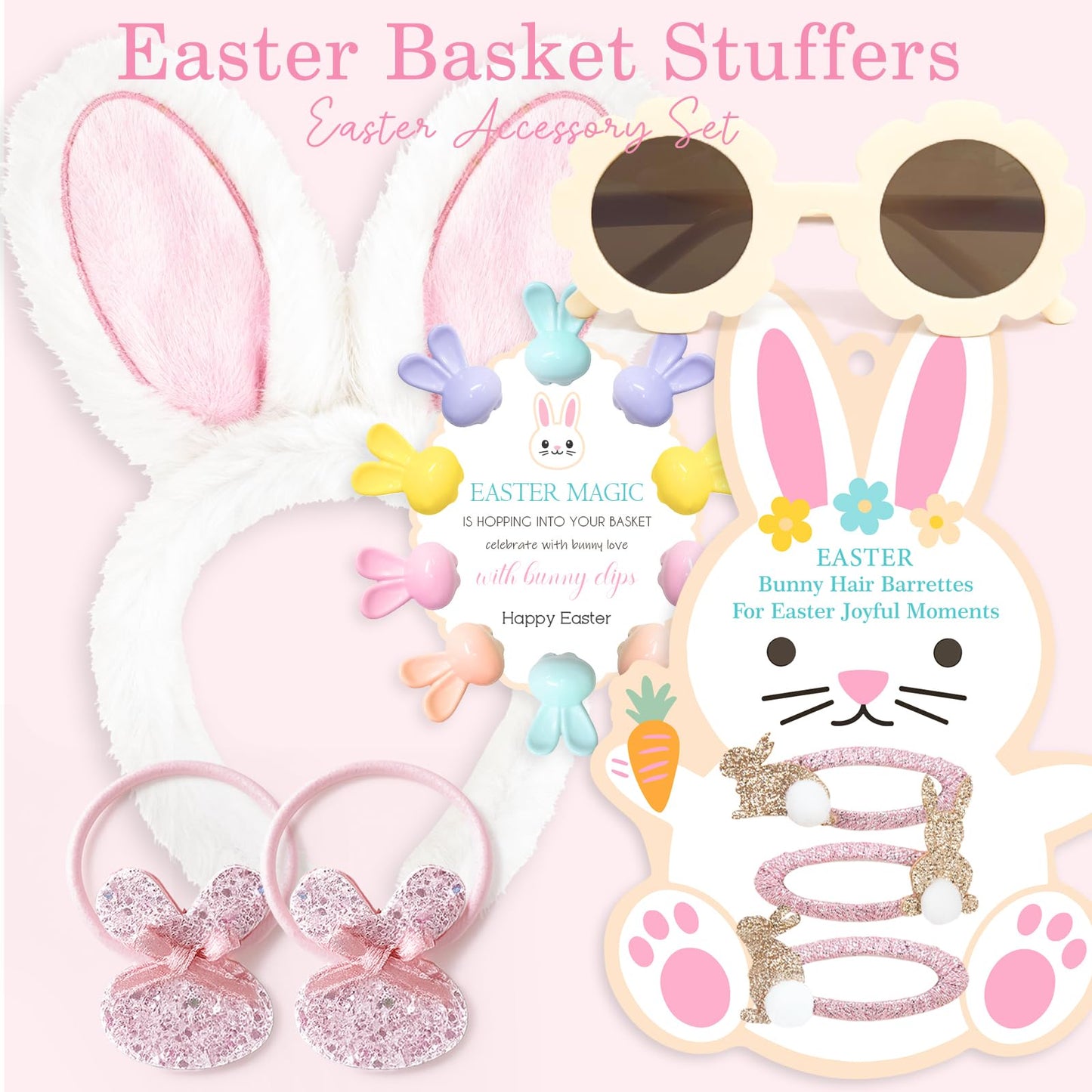 Easter Basket Stuffers - Easter Gifts for Kids - Hair Accessories Set with Plush Ear Headband Hair Ties Clips Sunglasses - Children Baby Toddler Kid Girls Bunny Fillers Gift ideas Ages 1-3 3-5 5-7 6-8