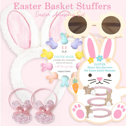 Easter Basket Stuffers - Easter Gifts for Kids - Hair Accessories Set with Plush Ear Headband Hair Ties Clips Sunglasses - Children Baby Toddler Kid Girls Bunny Fillers Gift ideas Ages 1-3 3-5 5-7 6-8