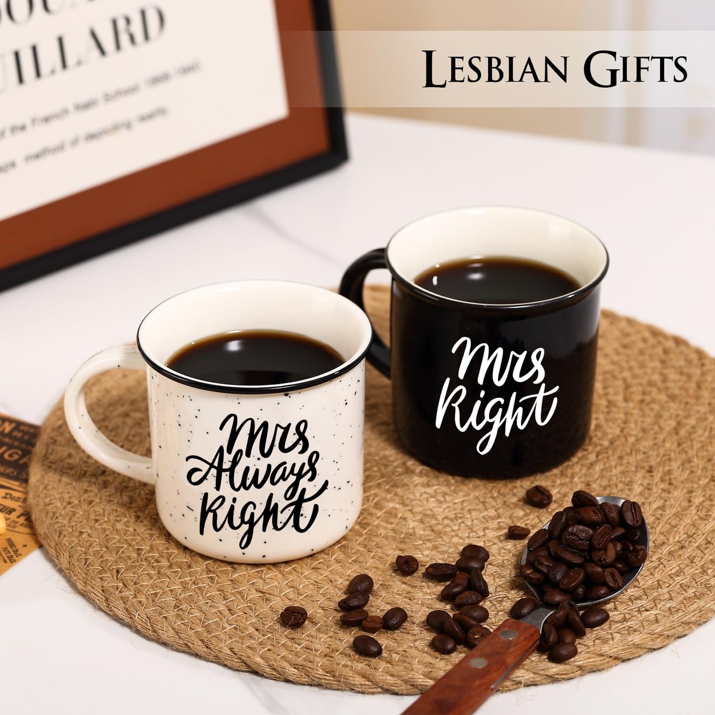 Physkoa Lesbian Wedding Gift – Mrs. Right & Mrs. Always Right Mug Set, Funny Lesbian Gift for Her, 11oz Ceramic Coffee Cups for Lesbian Couple, Engagement or Anniversary