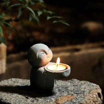 Sandstone Buddha Statue Candle & Incense Cone Holder, Small Jizo Figurine for Home Decor, Tiny Buddha Zen Monk Tealight Holder for Desk, Shelf or Nightstand, 3.5" H Mini Stone Decor Gift