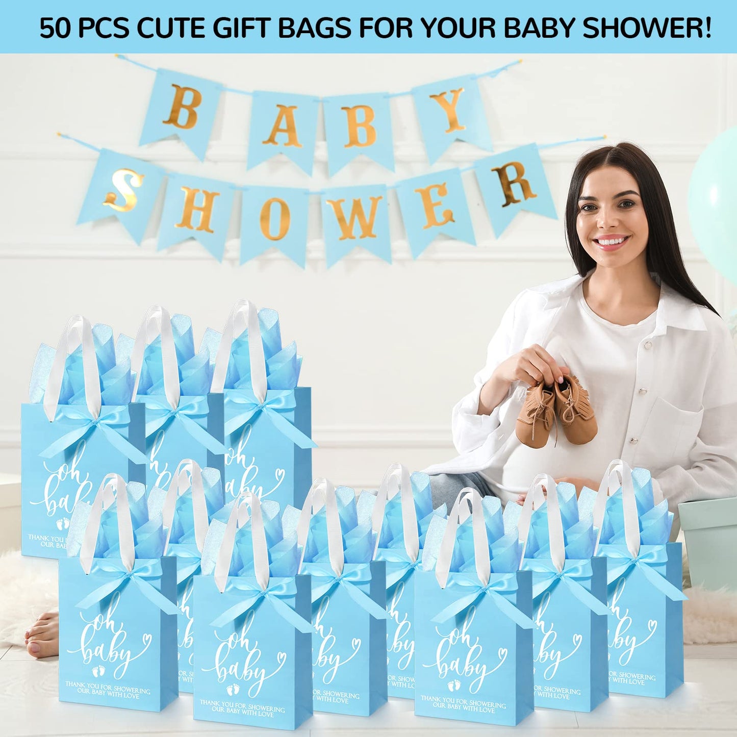 PerKoop 50 Packs Baby Shower Gifts Bags Bulk Baby Shower Favor Bags with Handle Paper and 50 Sheets Decorative Tissue Paper for Guests Gifts Gender Reveal(Blue)