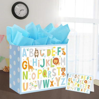 Laidans 13" Large Baby Boy Gift Bag for Baby Shower Birthday with Tissue Paper and Greeting Card (ABC Alphabet Animal Design)