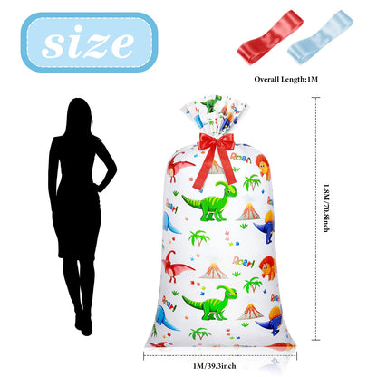 Teling 2 Pcs Large Dinosaur Plastic Gift Bags 70"x 40" Oversized Plastic Storage Bags with 2 Rolls Ribbons for Birthday Party, New Parents Shower, Bicycle Bike, Holiday
