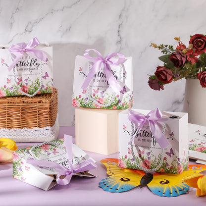 Spakon 25 Pack Butterfly Baby Shower Favors Gift Bags Goodie Bags with Handles and Bow Ribbon for Baby Shower Return Gift