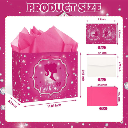 RTMISA Hot Pink Birthday Gift Bag with Tissue Paper and Greeting Card Princess Birthday Gifts Wrapping Bag for Girls Women Fashion Pink Doll Happy Birth Day Party Decorations Supplies