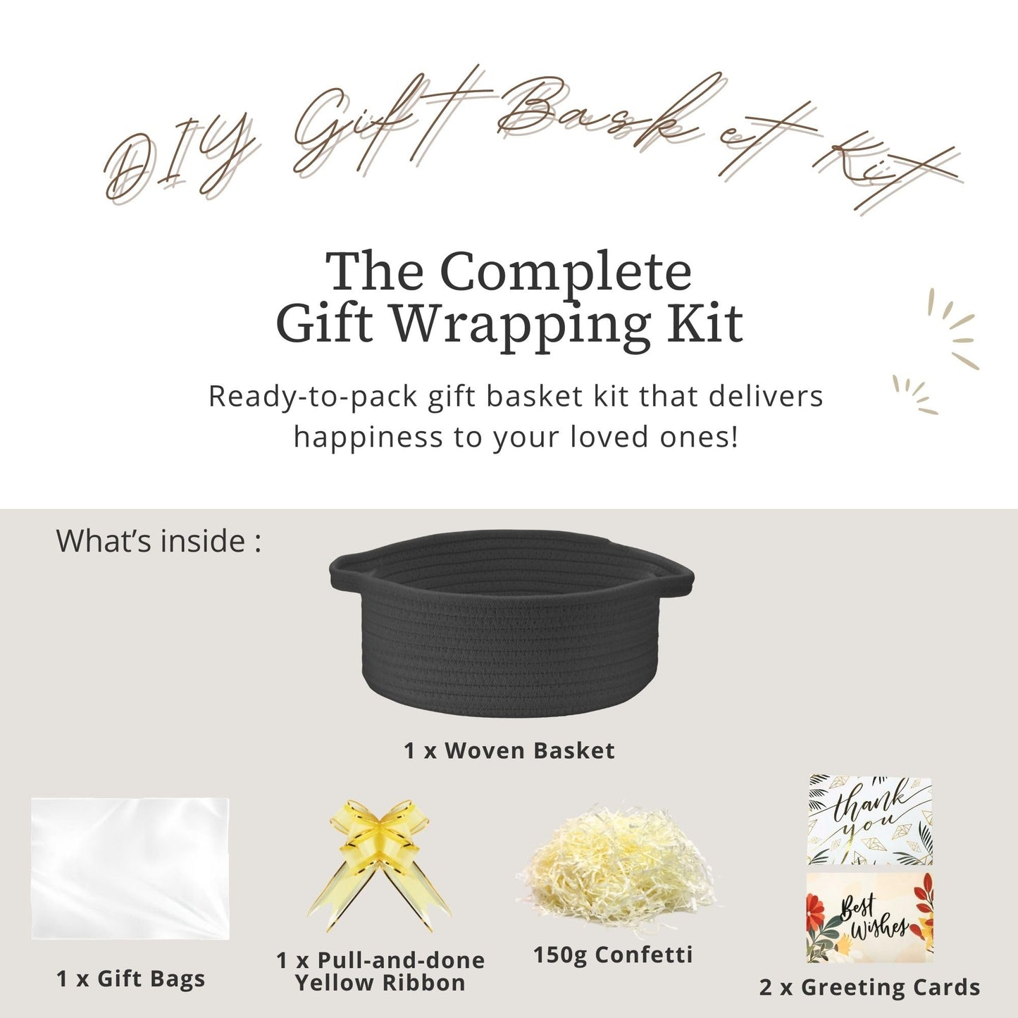 momolette Basket for Gifts Empty, Woven Gift Basket Set with Gift Bag, Ribbon, Greeting Cards & 5.3 oz Raffia Paper Filler for Birthdays, Baby Showers, Weddings, Holidays (Black)