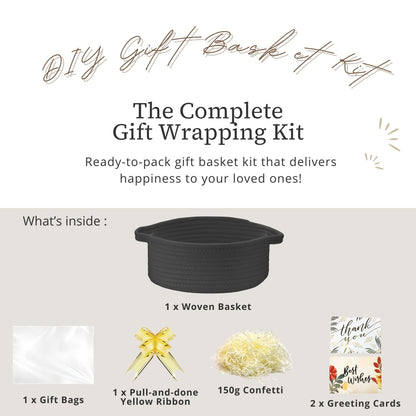 momolette Basket for Gifts Empty, Woven Gift Basket Set with Gift Bag, Ribbon, Greeting Cards & 5.3 oz Raffia Paper Filler for Birthdays, Baby Showers, Weddings, Holidays (Black)