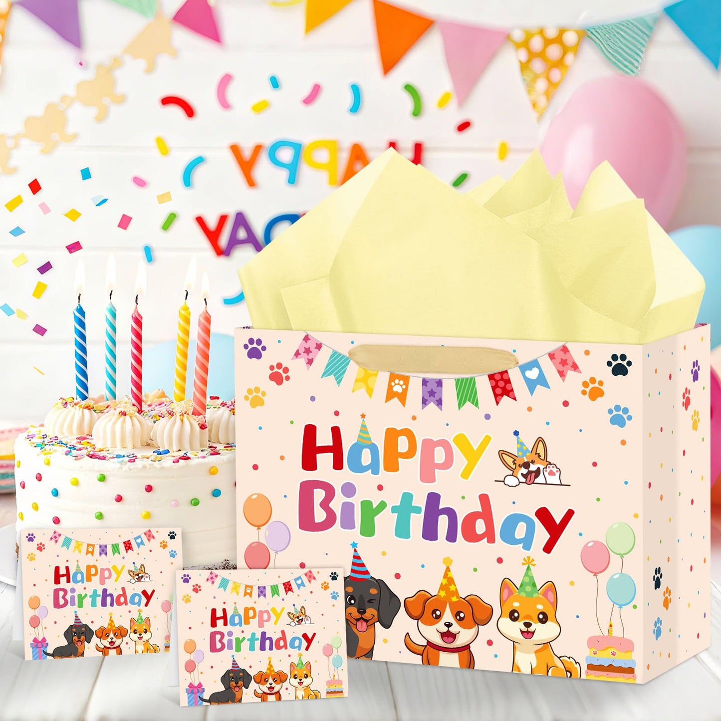 Hooqict Large Dog Gift Bag Dog Birthday Gift Bag with Handles, Tissue Paper, Greeting Card for Kids Boys Girls Pet Puppy Themed Birthday Party Decorations Supplies