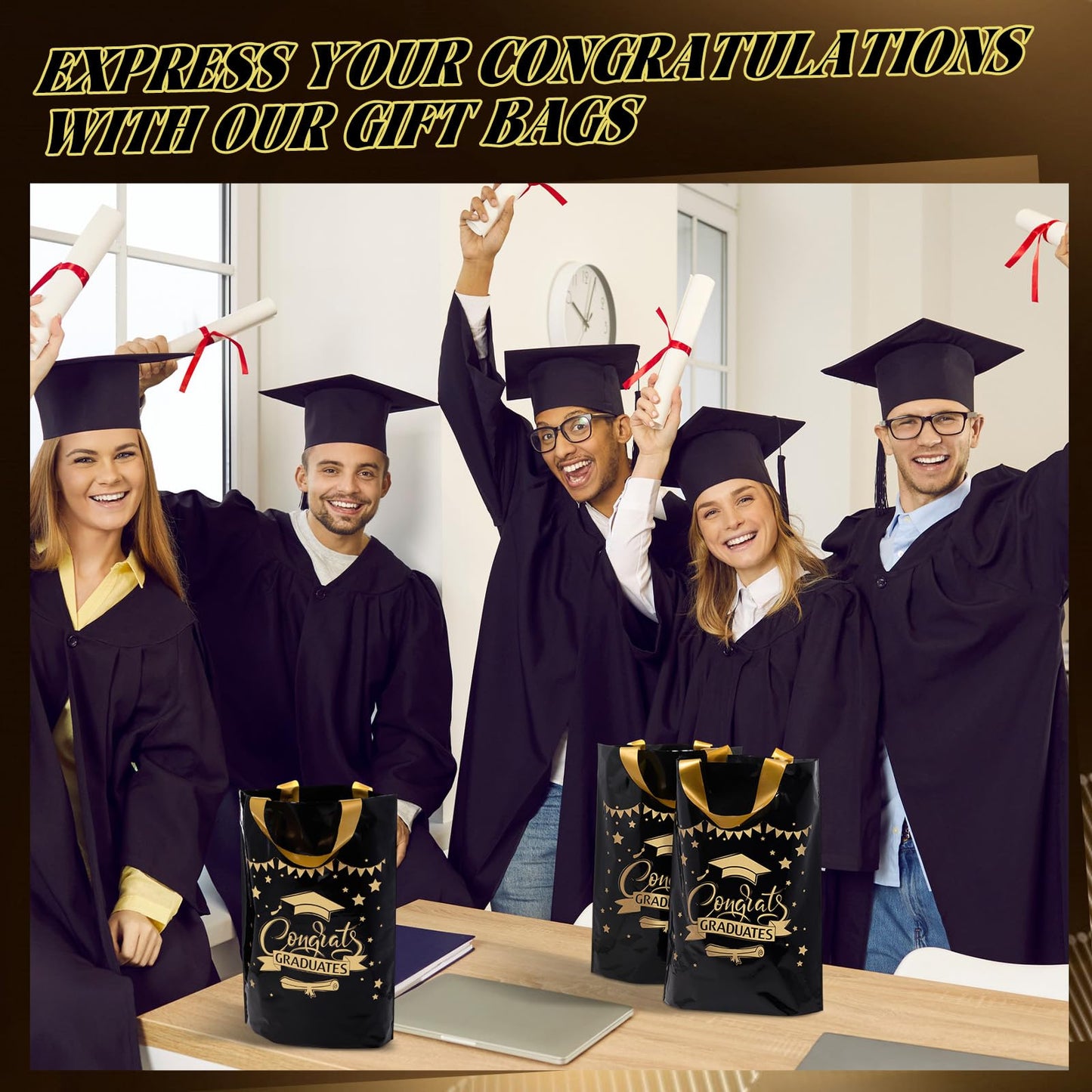 Kolldenn 50 Pcs Graduation/thank You Gifts Bags Employee Appreciation Goodie Bags with Handles Congrats Grad Reusable Plastic Party Favors for Gift Wrapping(Black Gold,Congrats Graduates)