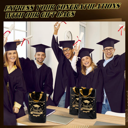 Kolldenn 50 Pcs Graduation/thank You Gifts Bags Employee Appreciation Goodie Bags with Handles Congrats Grad Reusable Plastic Party Favors for Gift Wrapping(Black Gold,Congrats Graduates)
