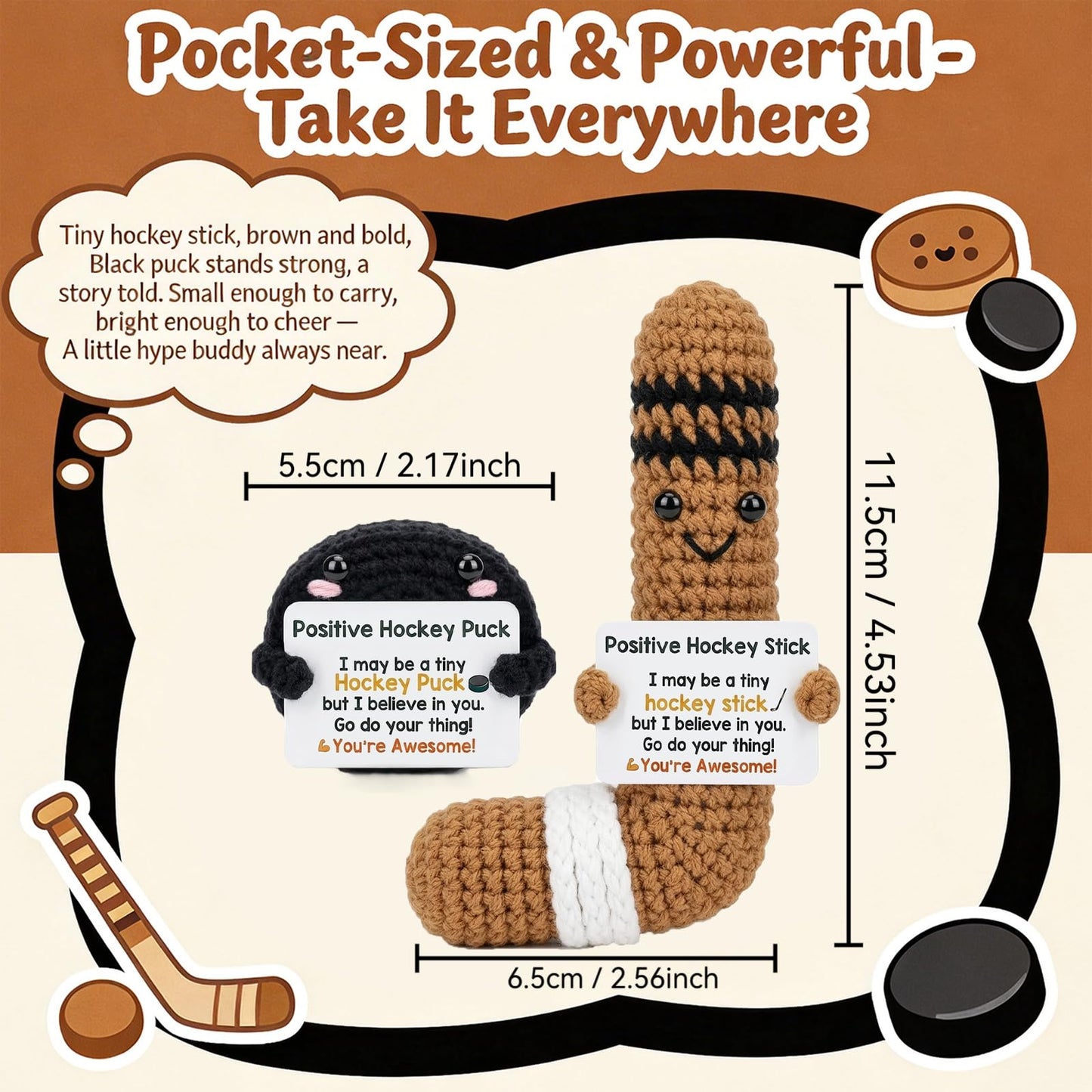 Positive Crochet Hockey Gift Set, Handmade Knitted Hockey Stick Puck with Card, Emotional Support Sports Gift for Teammates Men Women, Cute Cheer Up Birthday Gifts for Hockey Players
