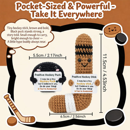Positive Crochet Hockey Gift Set, Handmade Knitted Hockey Stick Puck with Card, Emotional Support Sports Gift for Teammates Men Women, Cute Cheer Up Birthday Gifts for Hockey Players
