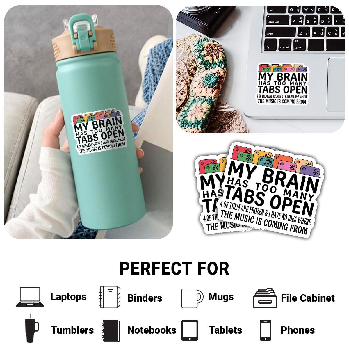 3Pcs My Brain Has Too Many Tabs Stickers, Motivational Gift, ADHD Advocates, Neurodivergent Individuals, Creatives, Students, Teachers, Co-Workers, Friends, Moms, Dads, Family, Mental Health 3in AD8