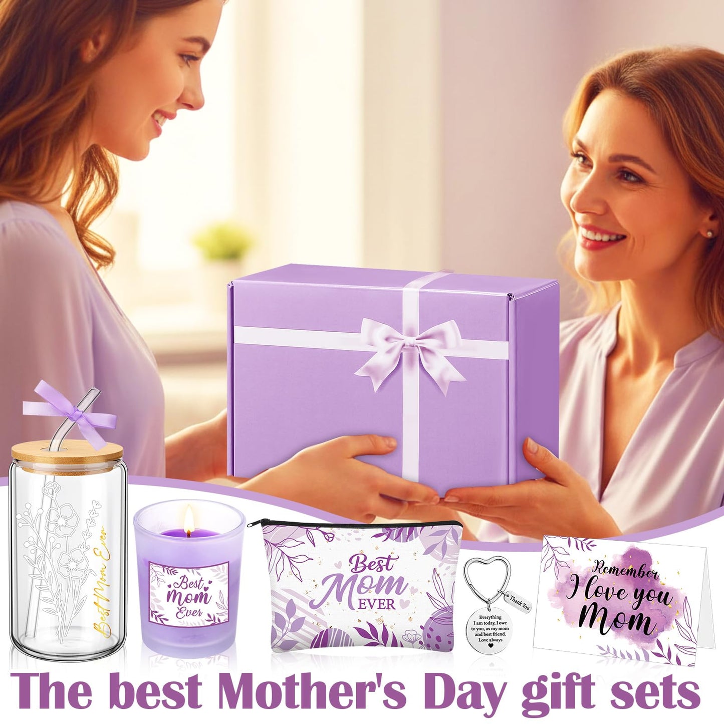 Bokon 6 Pcs Birthday Gifts for Mom Best Mom Ever Gifts Box Set with 16oz Glass Cup Scented Candle Makeup Bag from Daughter Son for Wife Mother Day Party(Purple)