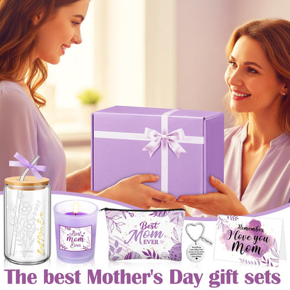 Bokon 6 Pcs Birthday Gifts for Mom Best Mom Ever Gifts Box Set with 16oz Glass Cup Scented Candle Makeup Bag from Daughter Son for Wife Mother Day Party(Purple)