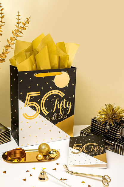 WRAPAHOLIC 13" Large 50th Birthday Gift Bag with Card and Tissue Paper - 50 Fifty and Fabulous