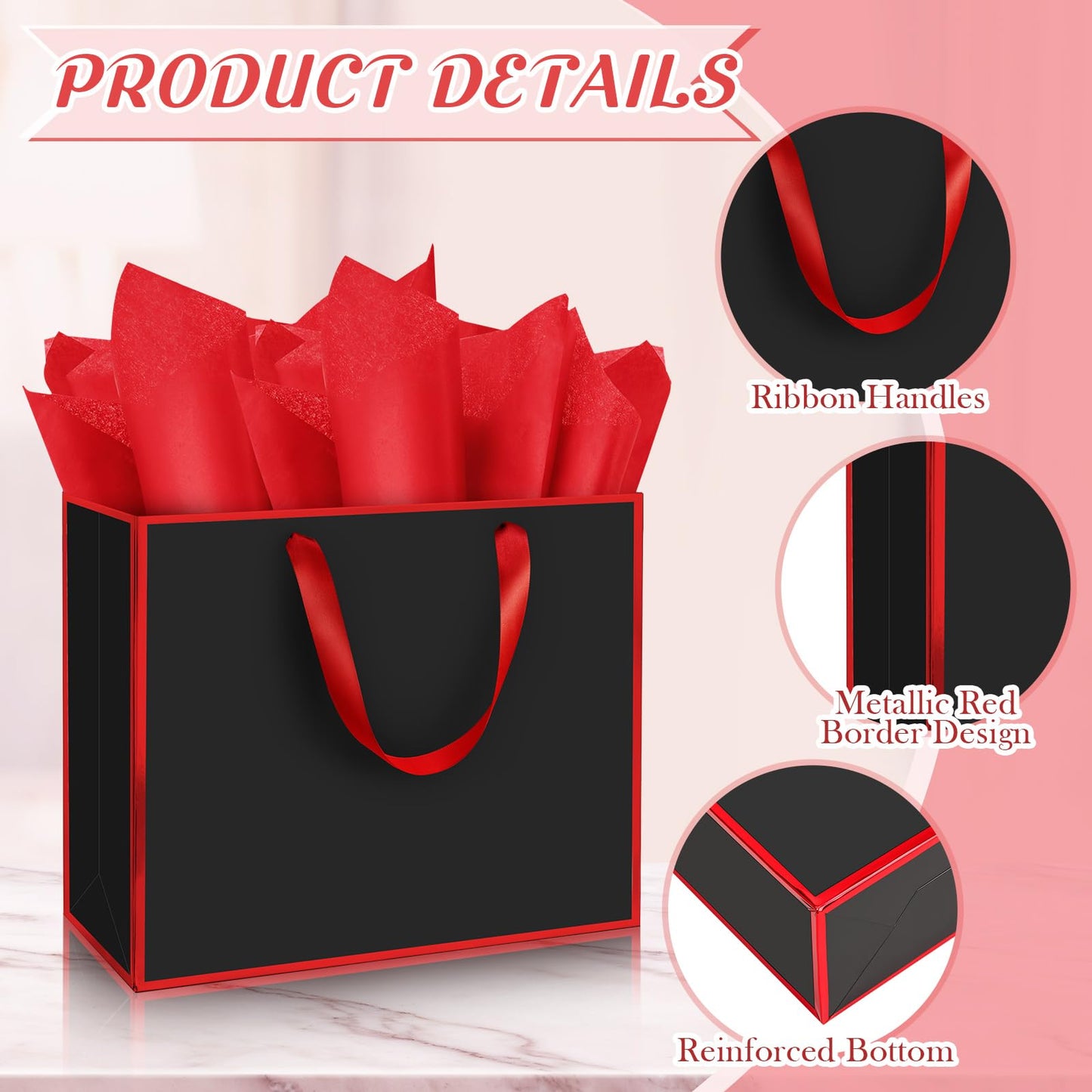 ReliThick 12 Pack Metallic Paper Gift Bag with Handles and Tissue Paper 11.8 x 10 x 4'' Thank You Favor Bag for Graduation Mother's Day Wedding Bridesmaid Groomsman 5 Senses Gifts (Black,Red)
