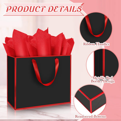 ReliThick 12 Pack Metallic Paper Gift Bag with Handles and Tissue Paper 11.8 x 10 x 4'' Thank You Favor Bag for Graduation Mother's Day Wedding Bridesmaid Groomsman 5 Senses Gifts (Black,Red)
