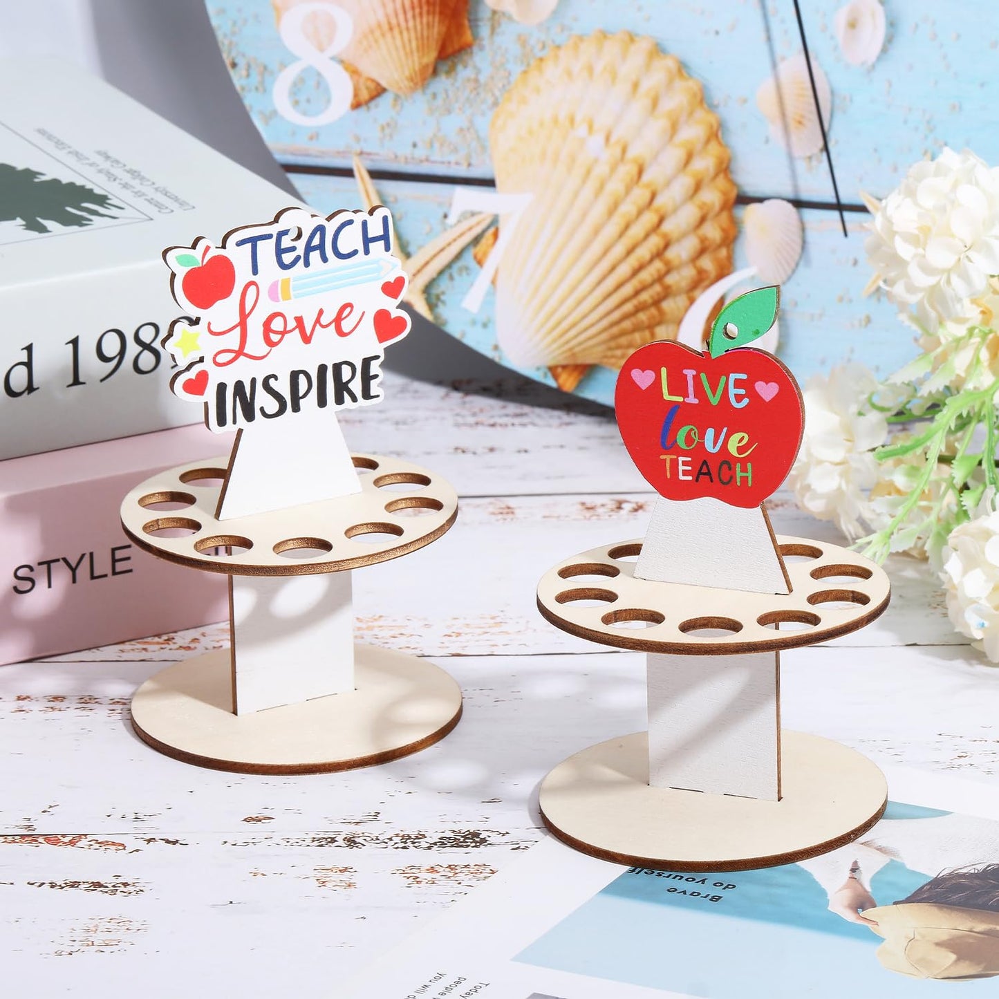 GLOBLELAND 4 Sets Wooden Teacher Appreciation Money Holders Funny Teacher Money Holder Ornaments for Cash Festival Gift Holders with 10 Holes and 4Pcs Tops Party Supplies Decoration