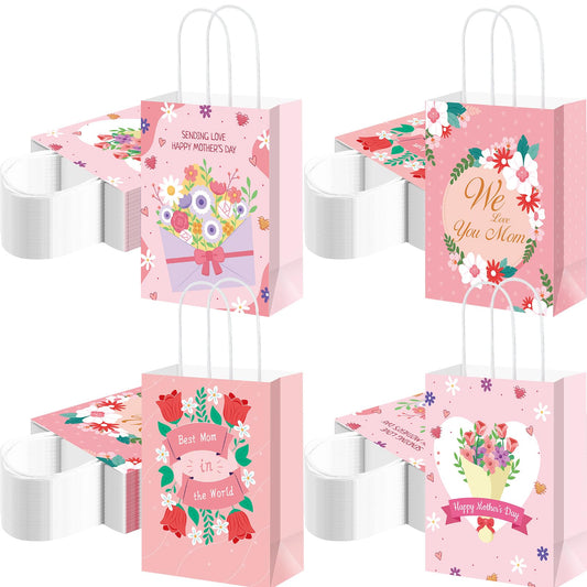 Yeaqee 100 Pcs Mother's Day Pape Gift Bags with Handles Pink Floral Treat Bags Bulk for Mother's Day Party Favors Decorations