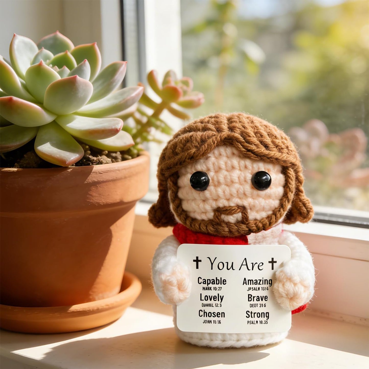 Positive Crochet Jesus Gifts for Men, Women, Teens Emotional Support Crochet Toy with Bible Verse Card Emotional Support Christian Gifts for Friend Family Coworker