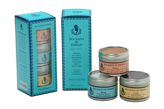 Three Tin Gift Box of Hawaiian Sea Salts, Alaea Red, Kona White and Uahi Black Salts