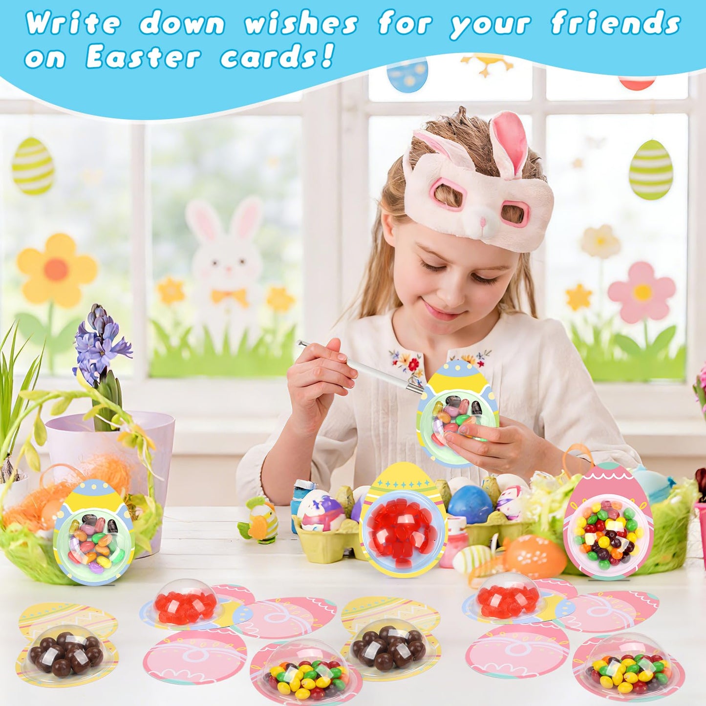 KJX 24 Pack Easter Cards for Kids Classroom,DIY Egg Design Easter Candy Cards with Plastic Domes, Easter Party Favors for School Holiday Celebrations Gifts and Craft Activities