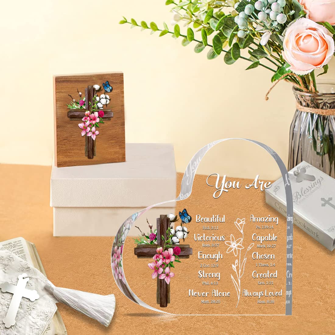 JUNQIU Christian Gifts for Women, Inspirational Gifts for Women Religious, Bible Verse and Encouragement Spiritual Gifts, Gifts for Woman, Mom, Friend, Sister-Acrylic Hearts Plaques