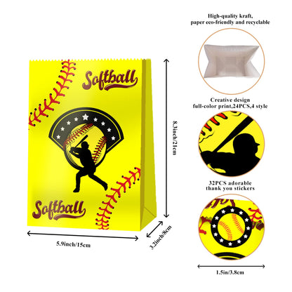 BQK 24 PCS Softball Gift Bags Softball Goodie Bags Softball Treat Bags for Softball Birthday Party Supplies Softball Snack Bags for Girls Team Boys Kids