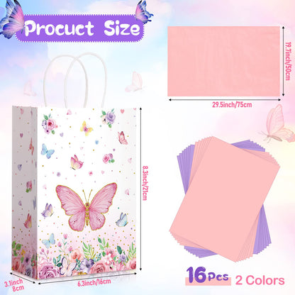 16 Pack Butterfly Goodie Bags with Handles - Sydney Paper Pink Purple Birthday Present Bags for Kids Baby Shower Party Decorations