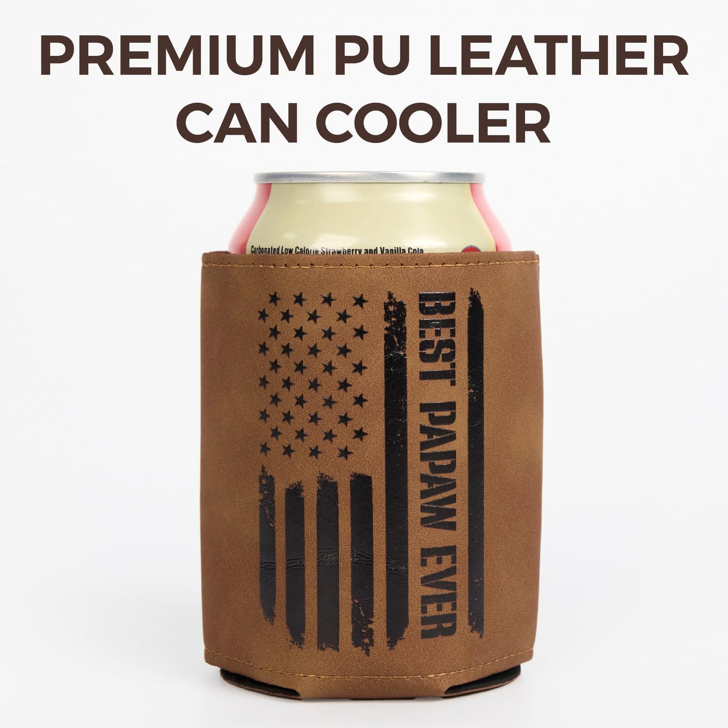 Best PaPaw Gifts – Funny PU Leather Can Cooler Sleeve for PaPaw from Grandkids, Fathers Day Birthday Christmas Gift Idea, Fits 12 Oz Cans