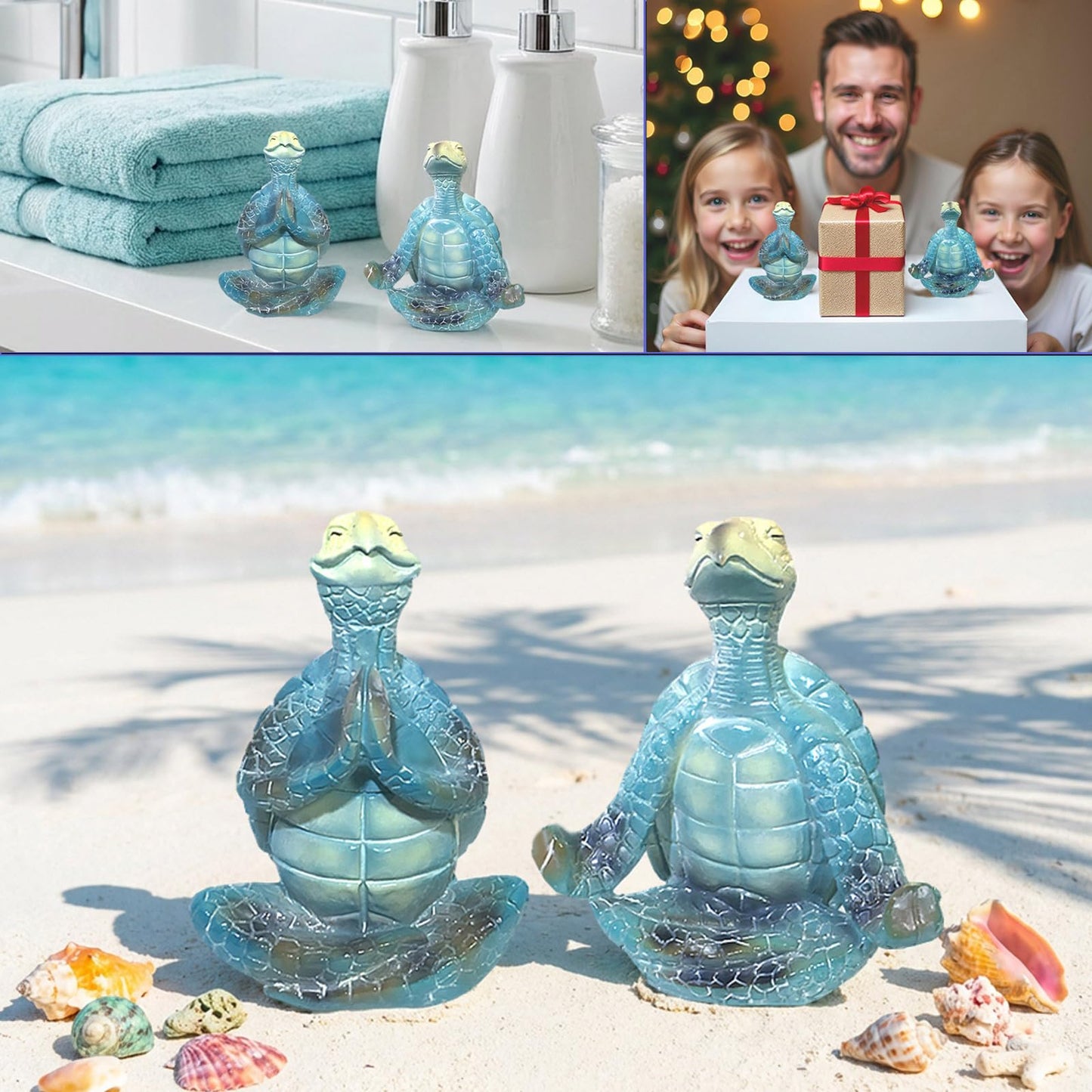 2-Pack Yoga Sea Turtle Figurines - Resin Meditation Desk Statue Decor with Non-Slip Base Zen Ocean Theme Table Shelf Sculptures Beach Bathroom Office Decoration Gifts for Women Turtle Lovers