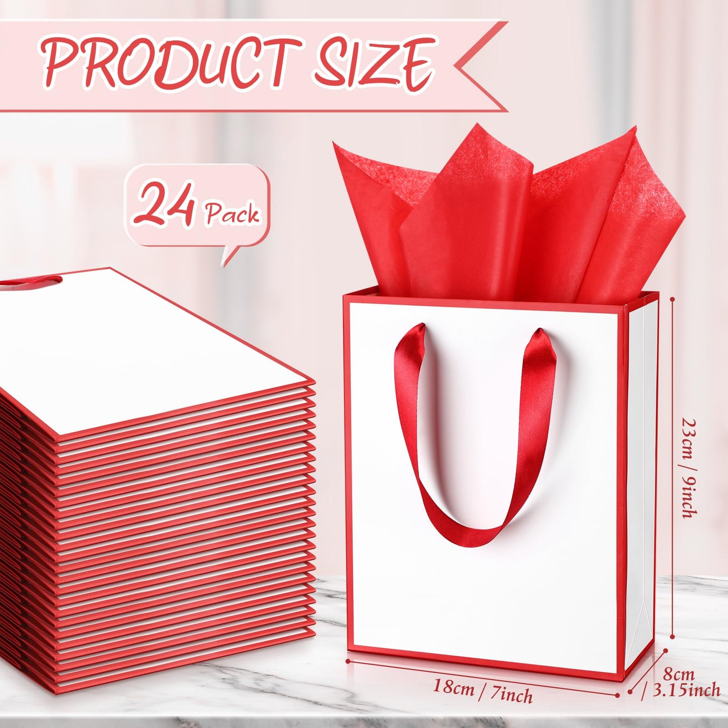 Yeaqee 24 Pack Metallic Paper Gift Bags with Handle and Tissue 9x7x3.1 Gold Foil Welcome Thank You Favor Bags Return Gifts for Wedding Graduation Bridesmaid Groomsmen Birthday(White, Dark Red)