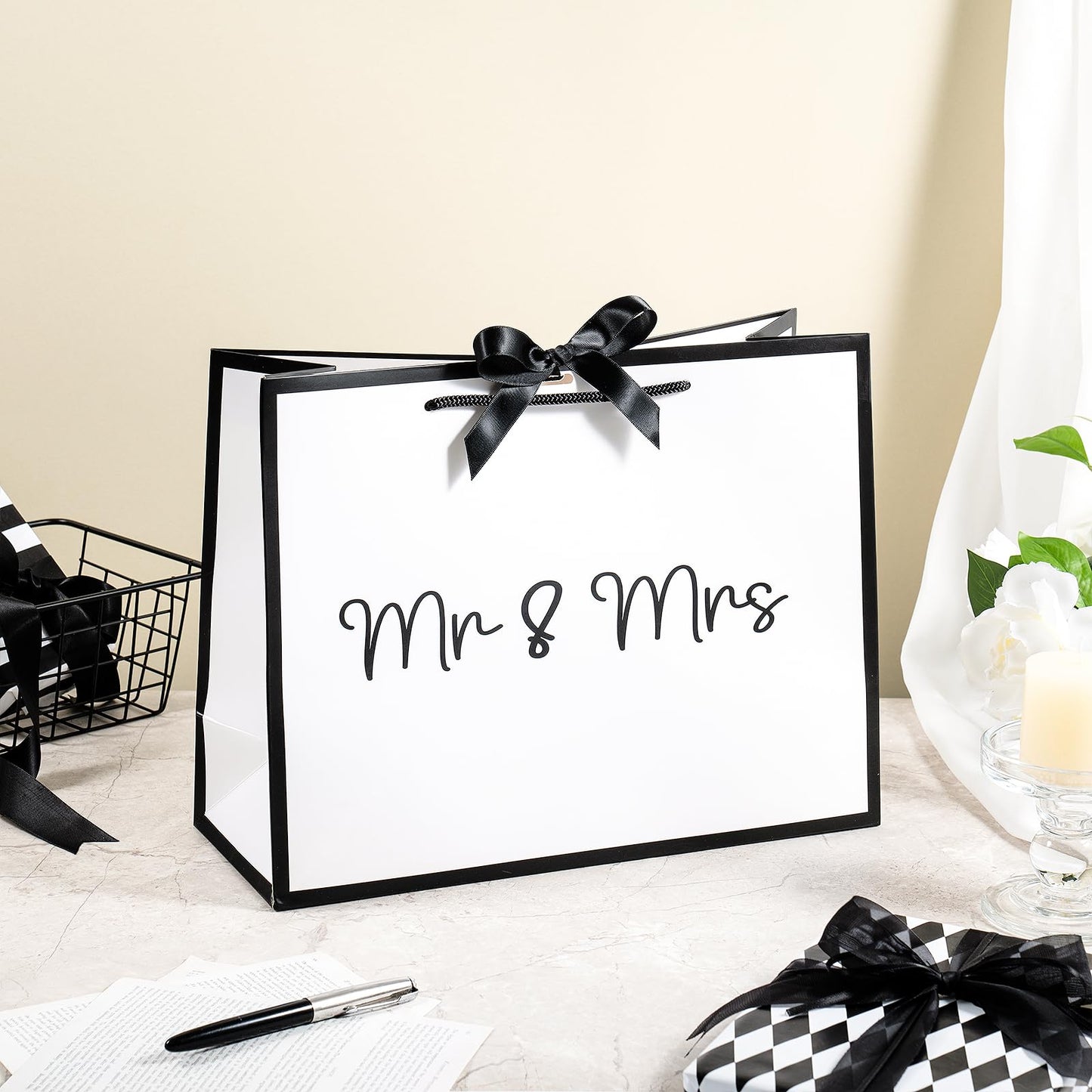 Loveinside 13" Large Wedding Gift Bag, White & Black Mr. & Mrs. Elegant Script Design Party Bag with Bow Ribbon for Couple, Wedding, Bridal Shower, Engagement, Newlywed Gift, 13" x 5" x 10", 1 Pcs
