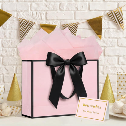 Laidans 13" Gift Bag with Handles and Bow Ribbon, Large Gift Bag with 3 Tissue Paper and 1 Card for Birthdays, Baby Showers, Wedding, Bridal Showers, Mother's Day (Light Pink)
