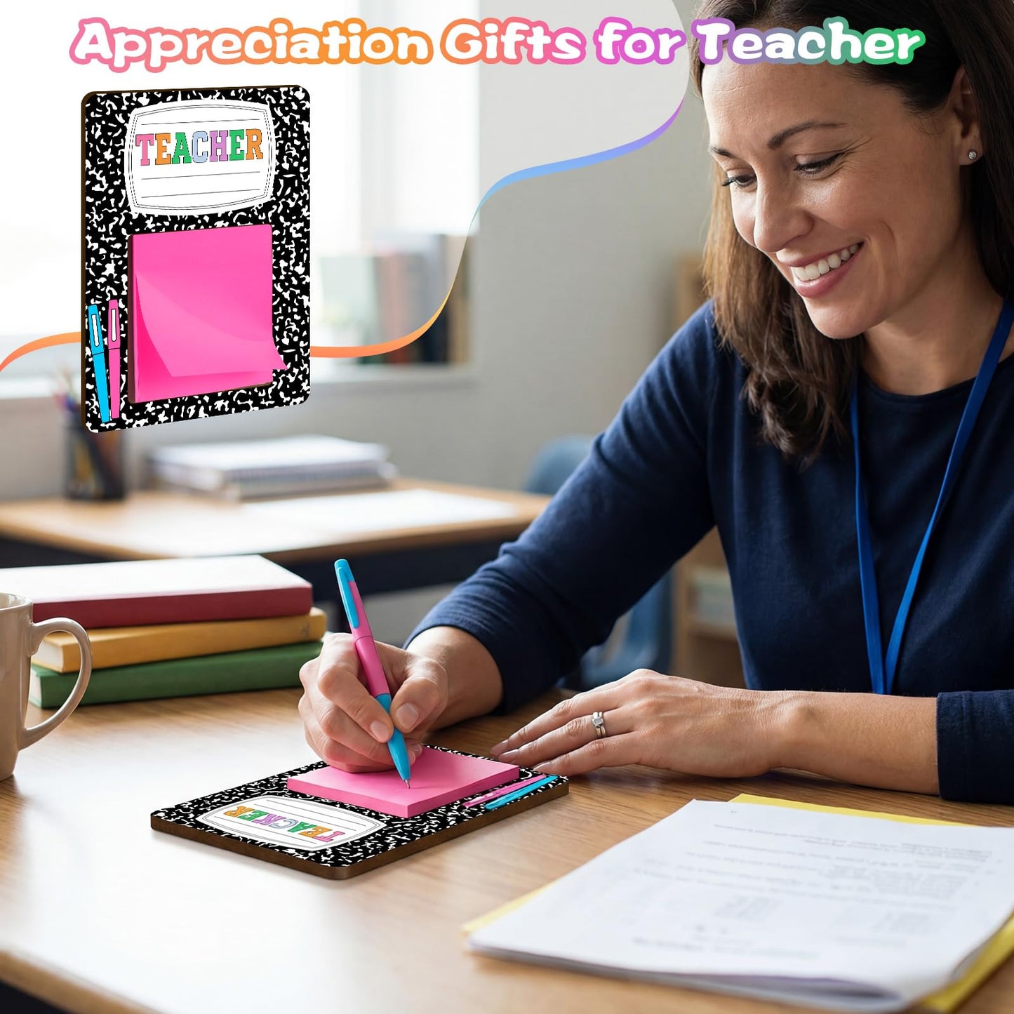 Eersida 24 Pcs/12 Sets Back to School Teacher Gift Daycare Teacher Appreciation Gifts Bulk Teachers Thank You Gift Wood Post Sticky Note Holder Composition Pencil Preschool Elementary Office Supply