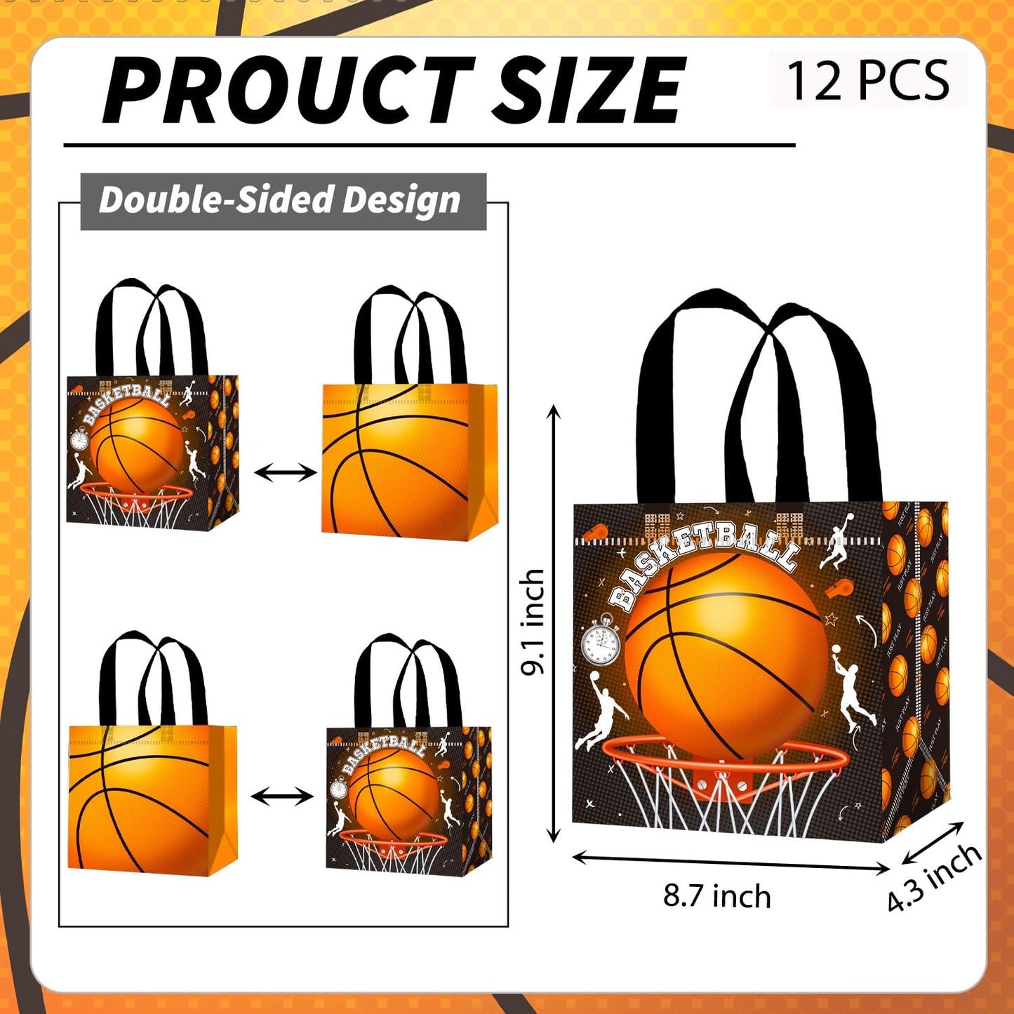 Basketball Party Favors Bags 12PCS Basketball Birthday Party Supplies Basketball Goodie Bag with Handles Sport Sport Ball Non-woven Candy Treat Snack Bags for Birthday Retirement All Star Party Decor