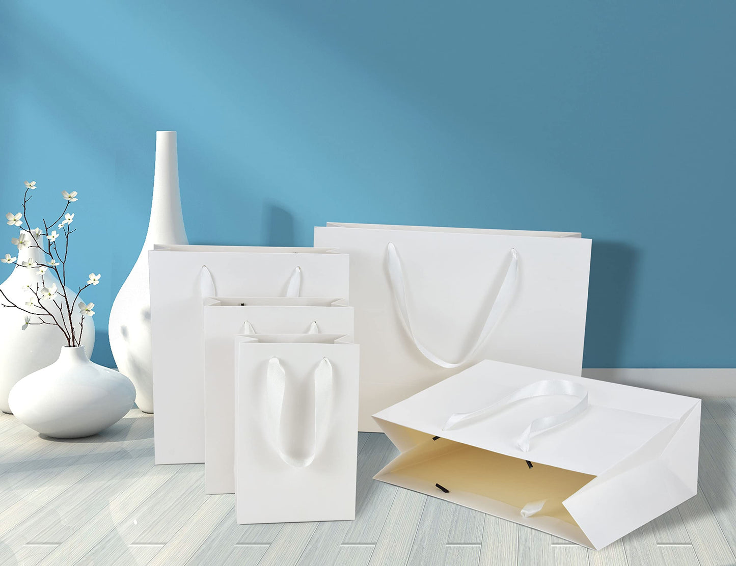 HUAPRINT White Paper Bags - Small Gift Bags with Handles, 20 Pack, 7x4x9inch, Retail & Party Favor Bags, Wedding Bags