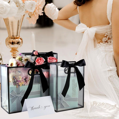 GAWBYET 24 Pcs Clear Plastic Gift Bags with Handles, Reusable Party Favor Bags With ribbons and cards for Mother's Day, Birthday, Wedding,Bachelorette Party,(7 x 10 x 3.15 Inch)