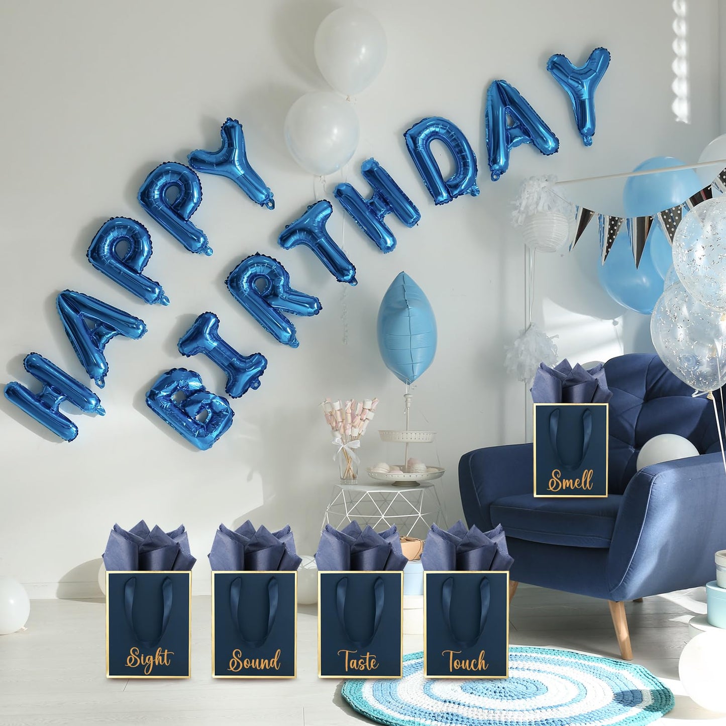 Yeaqee 10 Pack Metallic Paper Gift Bags with Handle Tissue Paper Thank You 5 Senses Gift Bag for Birthday Wedding Baby Shower Groomsmen Bridal Graduation Party Favor 9 x 7 x 3.15''(Navy Blue, Gold)