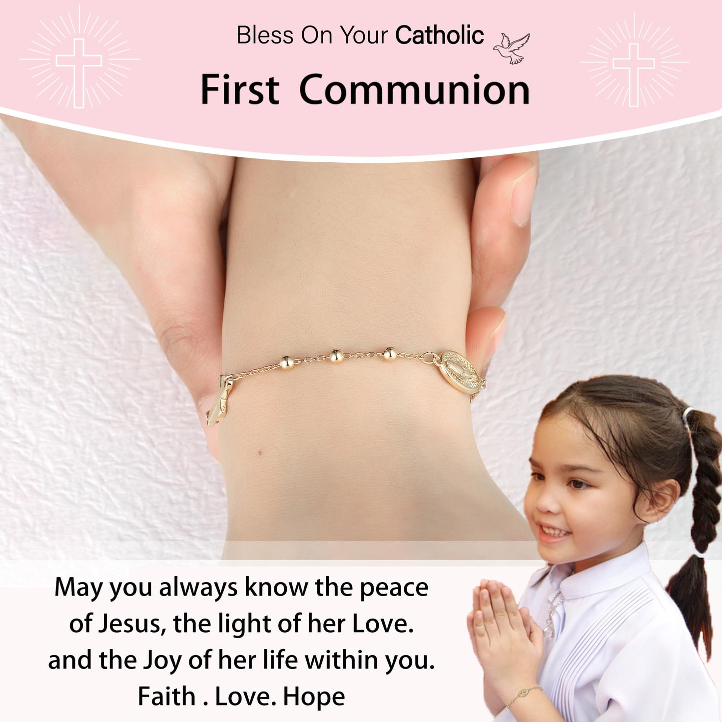 Catholic First Communion Confirmation Baptism Gifts for Girls Teens, Virgin Mary Cross Charm Link Chain Rosary Beads Bracelet Religious Jewelry Gifts