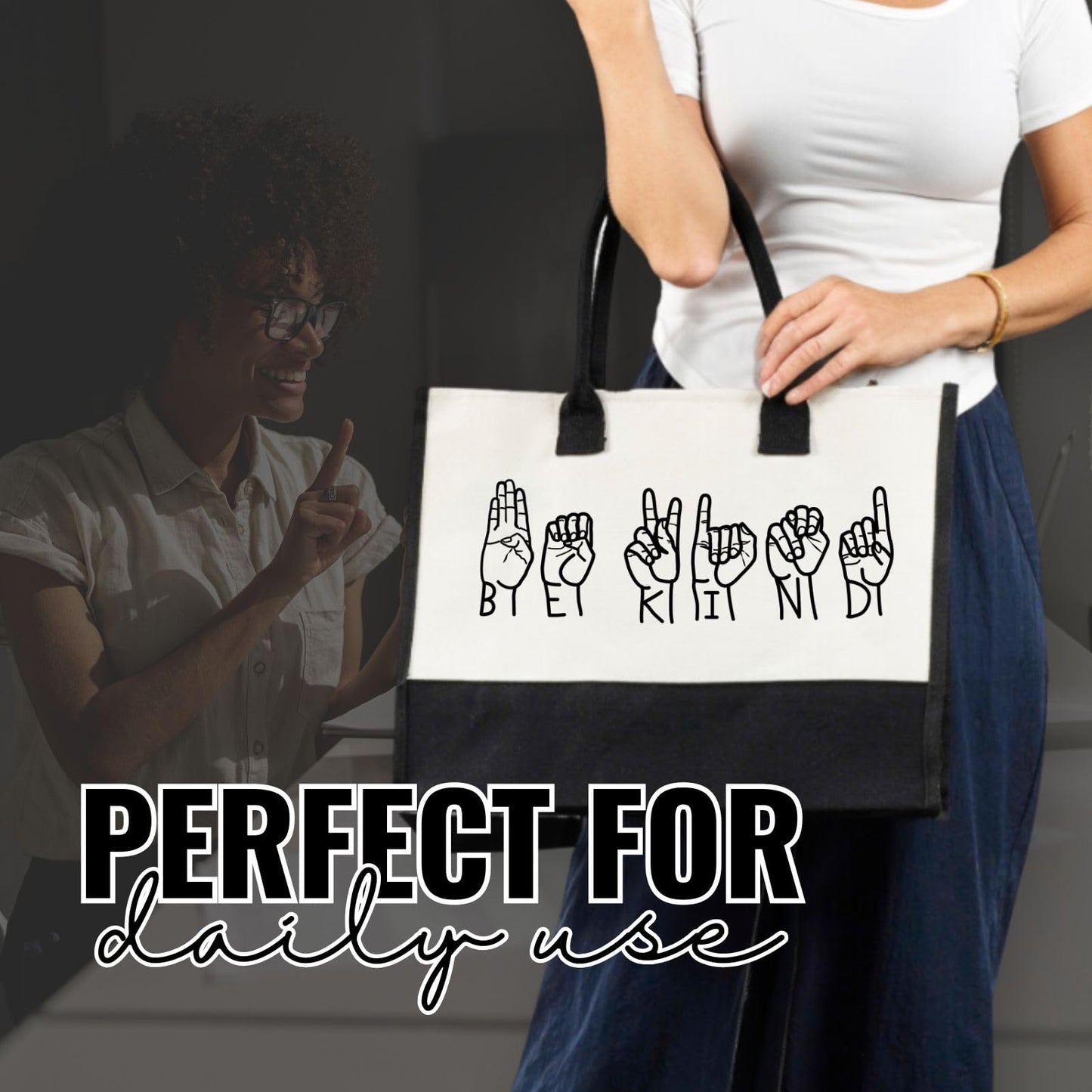 InnoBeta ASL Gifts for Women, Canvas Tote Bag with Top Zipper Closure and Shoulder Strap