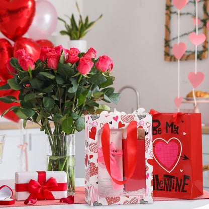 Frienda 12 Pcs Valentines Gift Bags Bulk Heart Goodie Bags with Clear Window and Handle Pink Red Happy Valentine's Day Paper Gift Wrap Love Tote Pouches for Party Favors Wedding Birthday Party