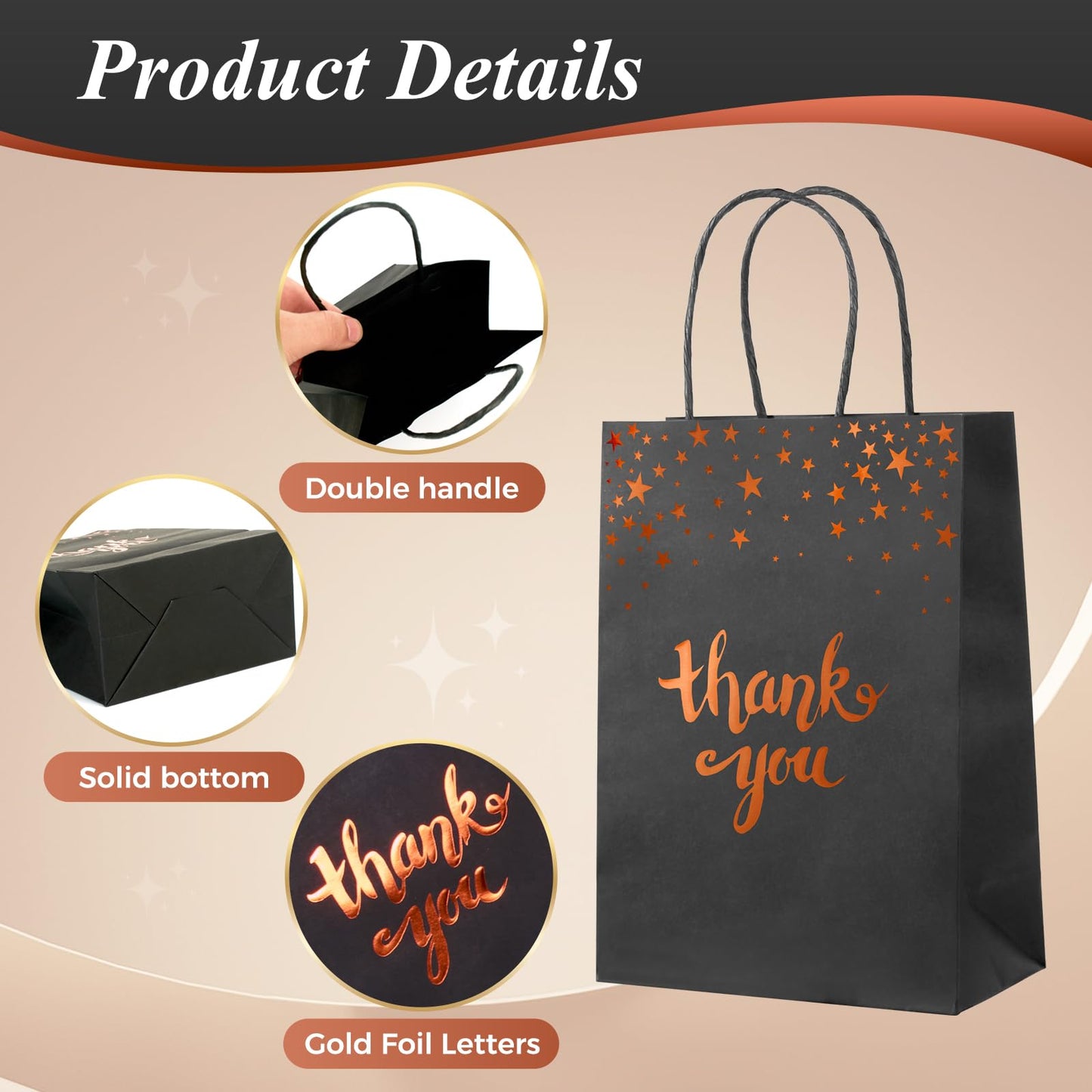 Kiooaci 16 Pcs Thank You Gift Bags Bulk Paper Gold Thank You Bags with Handle Party Favor for Wedding Birthday Baby Shower Business Shopping(Black)